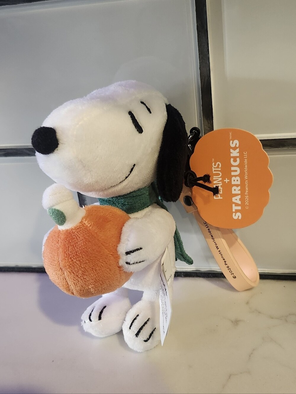 Starbucks Peanuts Snoopy Plush Keychain with Orange Pumpkin Charm